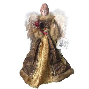 NWT Celebrate It 14" Treasured Christmas Angel Gold Brown Fur Gown Tree Topper